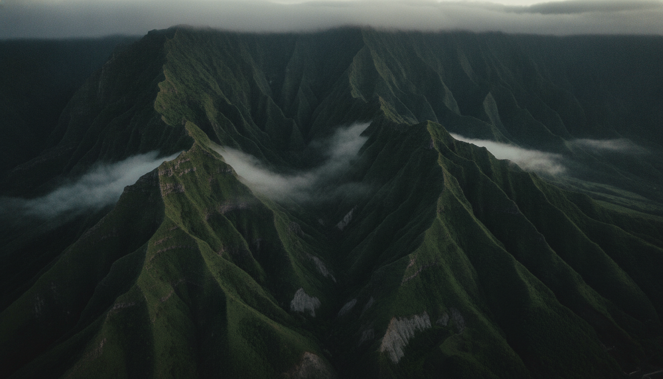 The Koʻolau ridgeline on Oʻahu at dawn, wrapped in mist.
